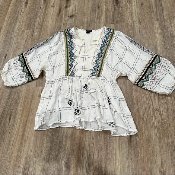 Anthropologie Embroidered Plaid Blouse - White and Green - Picture 3 of 8